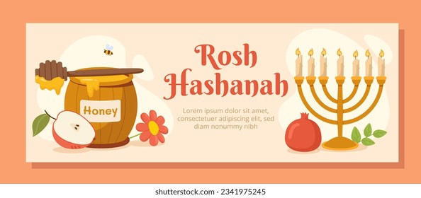 Rosh Hashanah banner concept. Golden candlestick with pomegranate and honey. Traditional Jewish holiday. Culture and religion. Cartoon flat vector illustration isolated on orange background