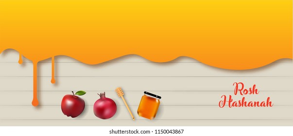 Rosh Hashanah banner design and illustration with honey drip and fruits. jewish new year banner design. vector illustration.