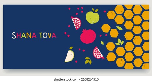 Rosh Hashanah banner with pomegranates and apples for the Jewish New Year. Traditional food symbols of the holiday