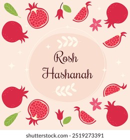 Rosh Hashanah banner, post with hand drawn flat pomegranate illustration. Hebrew new year card.