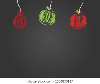 Rosh hashanah blackboard background. Red apple, green apple and pomegranate on black background