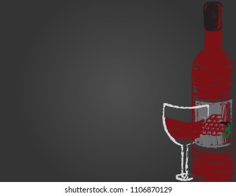 Rosh hashanah blackboard background. Shana tova banner, wine bottle and glass on black background