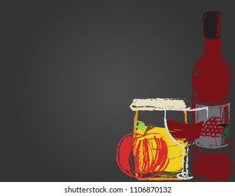 Rosh hashanah blackboard background. Shana tova banner, red apple, honey wine bottle and glass on black background