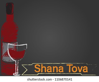 Rosh hashanah blackboard greeting card. Shana tova banner, wine bottle and glass on black background