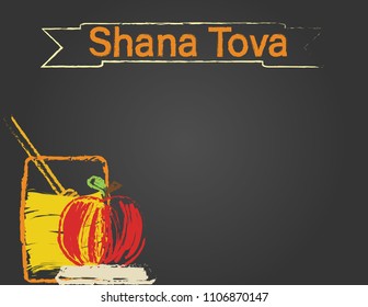 Rosh hashanah blackboard greeting card. Shana tova banner, red apple and honey on black background