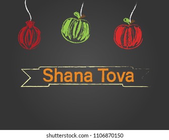 Rosh hashanah blackboard greeting card. Shana tova banner, red apple, green apple and pomegranate on black background