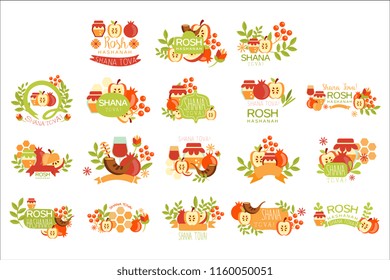 Rosh Hashanah Bright Postcard Labels Set Of Designs. Colorful Simple Holiday Logo Collection With Traditional Symbols