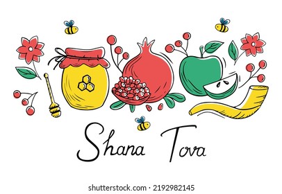 Rosh Hashanah card design with apple, honey, pomegranate and bees on white background. Vector