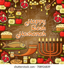 Rosh Hashanah card. Jewish holiday Rosh Hashanah design elements. Menorah, apple, honey, fish, shofar, pomegranate and Jewish star. Happy Rosh Hashanah handwritten lettering. Vector illustration.