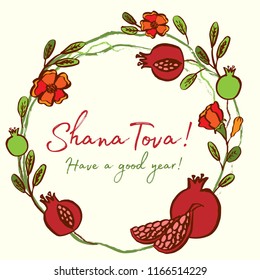 Rosh Hashanah card - Jewish New Year. Greeting text Shana tova on Hebrew - Have a good year. Pomegranate wreath with leaves and flowers vector illustration. Pomegranate as jewish symbol of sweet life.