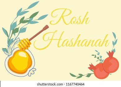 Rosh Hashanah card - Jewish New Year. Have a good year. Pomegranate wreath with leaves and flowers vector illustration. Pomegranate as jewish symbol of sweet life.