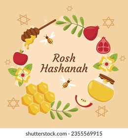 Rosh Hashanah celebration. Rosh Hashanah background. Translation from Hebrew - Happy New Year. Jewish New Year concept. Vector illustration. Poster, Banner, Greeting Card, Invitation Card. Shana tova.