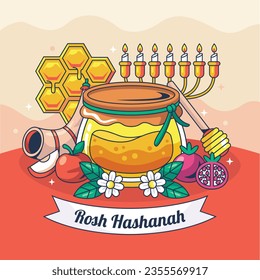 Rosh Hashanah Feier. Rosh Hashanah Hintergrund. Übersetzung aus Hebräisch - Frohes neues Jahr. Jüdisches Neujahrskonzept. Vektorgrafik. Poster, Banner, Grußkarte, Einladungskarte. Shana tova.