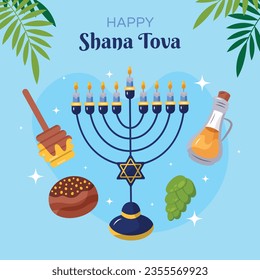 Rosh Hashanah celebration. Rosh Hashanah background. Translation from Hebrew - Happy New Year. Jewish New Year concept. Vector illustration. Poster, Banner, Greeting Card, Invitation Card. Shana tova.