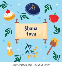 Rosh Hashanah Feier. Rosh Hashanah Hintergrund. Übersetzung aus Hebräisch - Frohes neues Jahr. Jüdisches Neujahrskonzept. Vektorgrafik. Poster, Banner, Grußkarte, Einladungskarte. Shana tova.