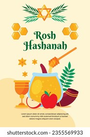 Rosh Hashanah Feier. Rosh Hashanah Hintergrund. Übersetzung aus Hebräisch - Frohes neues Jahr. Jüdisches Neujahrskonzept. Vektorgrafik. Poster, Banner, Grußkarte, Einladungskarte. Shana tova.