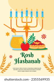 Rosh Hashanah Feier. Rosh Hashanah Hintergrund. Übersetzung aus Hebräisch - Frohes neues Jahr. Jüdisches Neujahrskonzept. Vektorgrafik. Poster, Banner, Grußkarte, Einladungskarte. Shana tova.