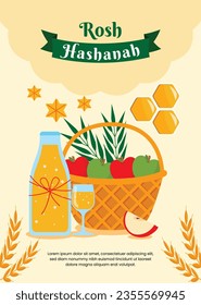 Rosh Hashanah celebration. Rosh Hashanah background. Translation from Hebrew - Happy New Year. Jewish New Year concept. Vector illustration. Poster, Banner, Greeting Card, Invitation Card. Shana tova.