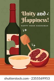 Rosh Hashanah Feier. Rosh Hashanah Hintergrund. Übersetzung aus Hebräisch - Frohes neues Jahr. Jüdisches Neujahrskonzept. Vektorgrafik. Poster, Banner, Grußkarte, Einladungskarte. Shana tova.