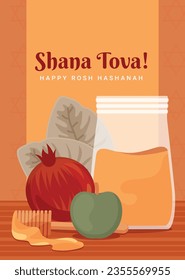 Rosh Hashanah Feier. Rosh Hashanah Hintergrund. Übersetzung aus Hebräisch - Frohes neues Jahr. Jüdisches Neujahrskonzept. Vektorgrafik. Poster, Banner, Grußkarte, Einladungskarte. Shana tova.