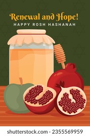 Rosh Hashanah Feier. Rosh Hashanah Hintergrund. Übersetzung aus Hebräisch - Frohes neues Jahr. Jüdisches Neujahrskonzept. Vektorgrafik. Poster, Banner, Grußkarte, Einladungskarte. Shana tova.