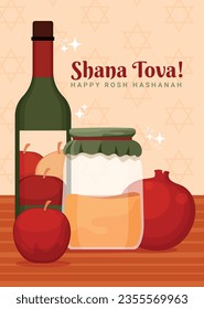 Rosh Hashanah Feier. Rosh Hashanah Hintergrund. Übersetzung aus Hebräisch - Frohes neues Jahr. Jüdisches Neujahrskonzept. Vektorgrafik. Poster, Banner, Grußkarte, Einladungskarte. Shana tova.