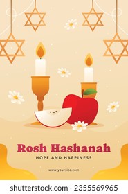 Rosh Hashanah Feier. Rosh Hashanah Hintergrund. Übersetzung aus Hebräisch - Frohes neues Jahr. Jüdisches Neujahrskonzept. Vektorgrafik. Poster, Banner, Grußkarte, Einladungskarte. Shana tova.