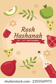 Rosh Hashanah Feier. Rosh Hashanah Hintergrund. Übersetzung aus Hebräisch - Frohes neues Jahr. Jüdisches Neujahrskonzept. Vektorgrafik. Poster, Banner, Grußkarte, Einladungskarte. Shana tova.