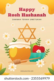 Rosh Hashanah celebration. Rosh Hashanah background. Translation from Hebrew - Happy New Year. Jewish New Year concept. Vector illustration. Poster, Banner, Greeting Card, Invitation Card. Shana tova.