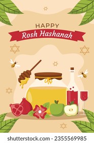 Rosh Hashanah celebration. Rosh Hashanah background. Translation from Hebrew - Happy New Year. Jewish New Year concept. Vector illustration. Poster, Banner, Greeting Card, Invitation Card. Shana tova.