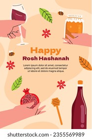 Rosh Hashanah Feier. Rosh Hashanah Hintergrund. Übersetzung aus Hebräisch - Frohes neues Jahr. Jüdisches Neujahrskonzept. Vektorgrafik. Poster, Banner, Grußkarte, Einladungskarte. Shana tova.