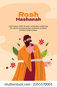 Rosh Hashanah celebration. Rosh Hashanah background. Translation from Hebrew - Happy New Year. Jewish New Year concept. Vector illustration. Poster, Banner, Greeting Card, Invitation Card. Shana tova.