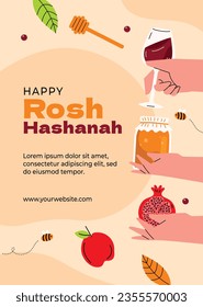 Rosh Hashanah Feier. Rosh Hashanah Hintergrund. Übersetzung aus Hebräisch - Frohes neues Jahr. Jüdisches Neujahrskonzept. Vektorgrafik. Poster, Banner, Grußkarte, Einladungskarte. Shana tova.