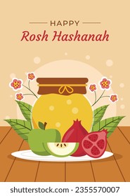 Rosh Hashanah Feier. Rosh Hashanah Hintergrund. Übersetzung aus Hebräisch - Frohes neues Jahr. Jüdisches Neujahrskonzept. Vektorgrafik. Poster, Banner, Grußkarte, Einladungskarte. Shana tova.