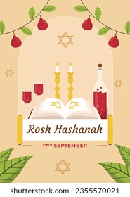 Rosh Hashanah Feier. Rosh Hashanah Hintergrund. Übersetzung aus Hebräisch - Frohes neues Jahr. Jüdisches Neujahrskonzept. Vektorgrafik. Poster, Banner, Grußkarte, Einladungskarte. Shana tova.