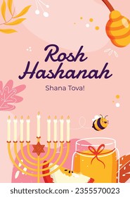 Rosh Hashanah Feier. Rosh Hashanah Hintergrund. Übersetzung aus Hebräisch - Frohes neues Jahr. Jüdisches Neujahrskonzept. Vektorgrafik. Poster, Banner, Grußkarte, Einladungskarte. Shana tova.