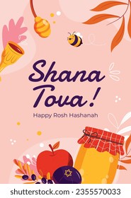 Rosh Hashanah celebration. Rosh Hashanah background. Translation from Hebrew - Happy New Year. Jewish New Year concept. Vector illustration. Poster, Banner, Greeting Card, Invitation Card. Shana tova.