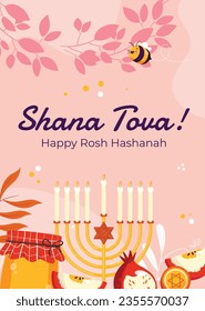 Rosh Hashanah Feier. Rosh Hashanah Hintergrund. Übersetzung aus Hebräisch - Frohes neues Jahr. Jüdisches Neujahrskonzept. Vektorgrafik. Poster, Banner, Grußkarte, Einladungskarte. Shana tova.