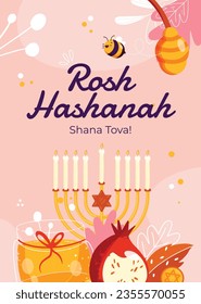 Rosh Hashanah celebration. Rosh Hashanah background. Translation from Hebrew - Happy New Year. Jewish New Year concept. Vector illustration. Poster, Banner, Greeting Card, Invitation Card. Shana tova.