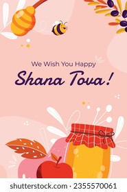 Rosh Hashanah celebration. Rosh Hashanah background. Translation from Hebrew - Happy New Year. Jewish New Year concept. Vector illustration. Poster, Banner, Greeting Card, Invitation Card. Shana tova.