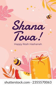 Rosh Hashanah celebration. Rosh Hashanah background. Translation from Hebrew - Happy New Year. Jewish New Year concept. Vector illustration. Poster, Banner, Greeting Card, Invitation Card. Shana tova.