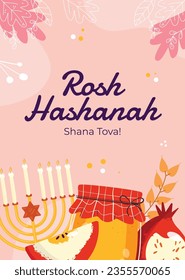 Rosh Hashanah Feier. Rosh Hashanah Hintergrund. Übersetzung aus Hebräisch - Frohes neues Jahr. Jüdisches Neujahrskonzept. Vektorgrafik. Poster, Banner, Grußkarte, Einladungskarte. Shana tova.