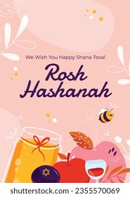 Rosh Hashanah celebration. Rosh Hashanah background. Translation from Hebrew - Happy New Year. Jewish New Year concept. Vector illustration. Poster, Banner, Greeting Card, Invitation Card. Shana tova.