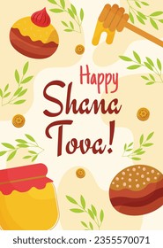 Rosh Hashanah Feier. Rosh Hashanah Hintergrund. Übersetzung aus Hebräisch - Frohes neues Jahr. Jüdisches Neujahrskonzept. Vektorgrafik. Poster, Banner, Grußkarte, Einladungskarte. Shana tova.