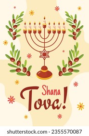 Rosh Hashanah Feier. Rosh Hashanah Hintergrund. Übersetzung aus Hebräisch - Frohes neues Jahr. Jüdisches Neujahrskonzept. Vektorgrafik. Poster, Banner, Grußkarte, Einladungskarte. Shana tova.