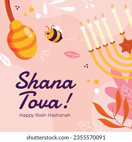 Rosh Hashanah celebration. Rosh Hashanah background. Translation from Hebrew - Happy New Year. Jewish New Year concept. Vector illustration. Poster, Banner, Greeting Card, Invitation Card. Shana tova.