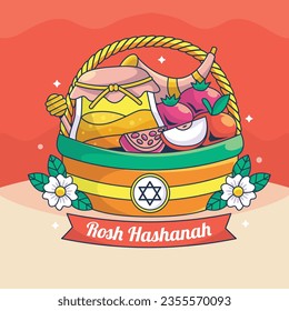 Rosh Hashanah Feier. Rosh Hashanah Hintergrund. Übersetzung aus Hebräisch - Frohes neues Jahr. Jüdisches Neujahrskonzept. Vektorgrafik. Poster, Banner, Grußkarte, Einladungskarte. Shana tova.