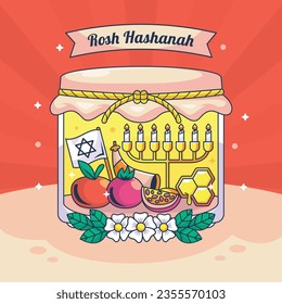 Rosh Hashanah Feier. Rosh Hashanah Hintergrund. Übersetzung aus Hebräisch - Frohes neues Jahr. Jüdisches Neujahrskonzept. Vektorgrafik. Poster, Banner, Grußkarte, Einladungskarte. Shana tova.