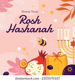 Rosh Hashanah celebration. Rosh Hashanah background. Translation from Hebrew - Happy New Year. Jewish New Year concept. Vector illustration. Poster, Banner, Greeting Card, Invitation Card. Shana tova.