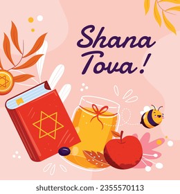 Rosh Hashanah celebration. Rosh Hashanah background. Translation from Hebrew - Happy New Year. Jewish New Year concept. Vector illustration. Poster, Banner, Greeting Card, Invitation Card. Shana tova.